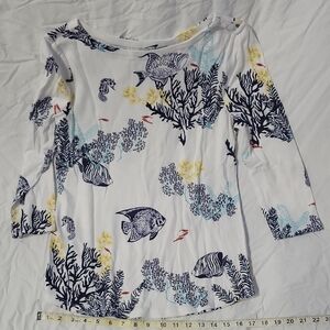 Charter Club White and Navy Marine Print Long Sleeve Top